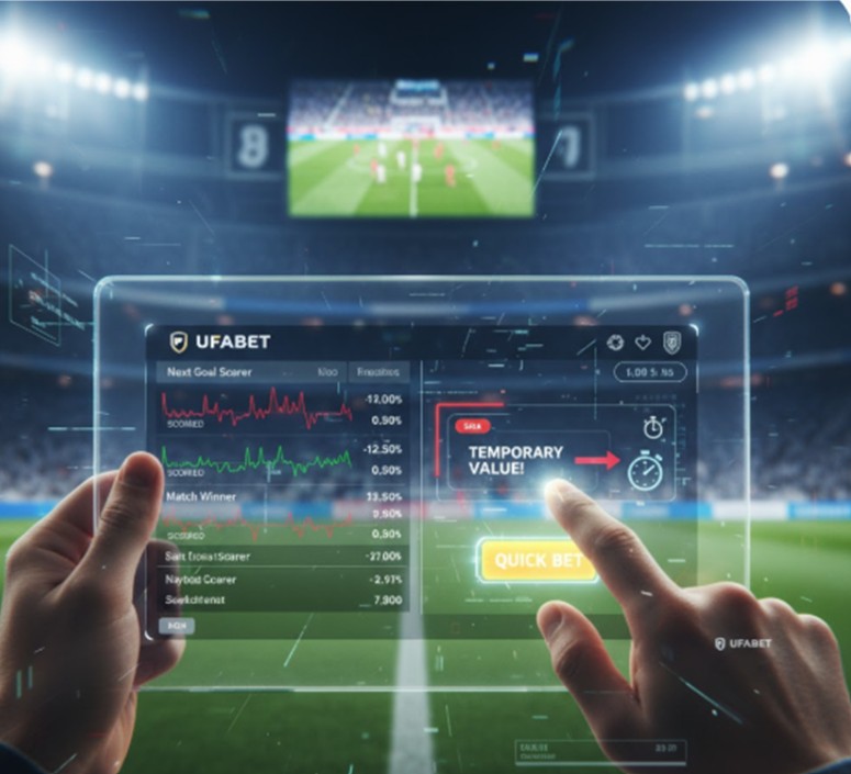 A person's hands hold a transparent tablet displaying the UFABET live betting interface, with a football stadium in the background. The screen shows real-time odds and a graph for "Next Goal Scorer," alongside a prominent red box flashing "TEMPORARY VALUE!" and a "QUICK BET" button. This visual emphasizes seizing fleeting opportunities in live football gaming, reacting strategically to match momentum shifts, and using an advanced betting strategy for a superior gaming experience.